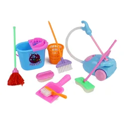 Mini Simulação Pretend Play Cleaner para Crianças, Vassoura para Barbie, Escovas, Kit de Lavar Roupa, Acessórios Dollhouse, Mobiliário