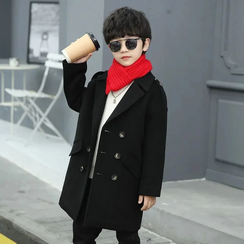 

Boys Woolen Coat Outerwear For Autumn Winter 2023 New Fashion Turn Collar Double Breasted Plus Cotton Warm Teenager Clothes