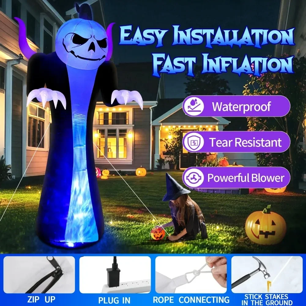 12FT Halloween Inflatables Decoration Outdoor Giant Pumpkin Reaper Ghost with 3-Colored Rotation Flame LEDs Spooky Halloween