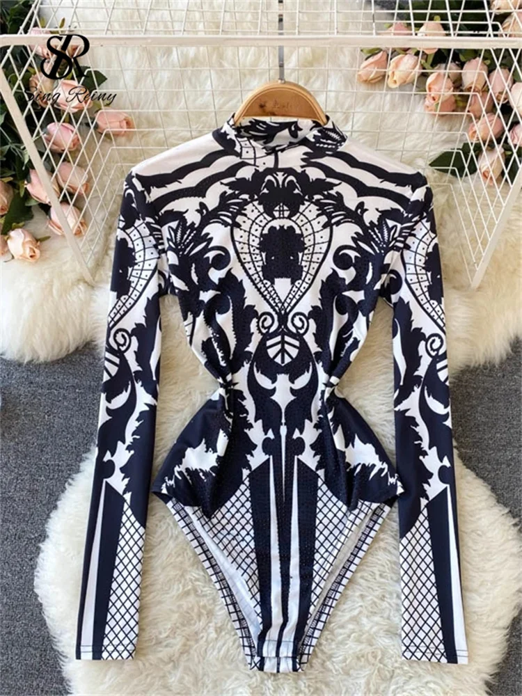 SINGREINY Design Autumn New Print Rompers Women Stand Collar Long Sleeve Slim Jumpsuits Chic Fashion Sexy Bodycon Short Bodysuit