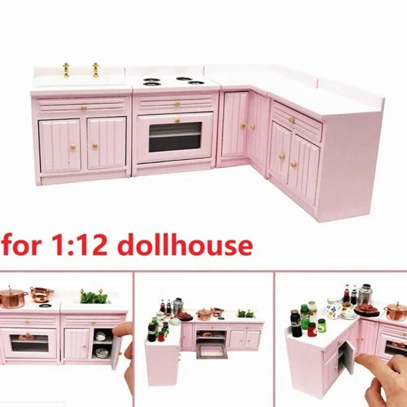 

1 Set 1:12 Dollhouse Miniature Furniture Kitchen Wooden Pink Cabinet Sink Counters Dollhouse Decoration