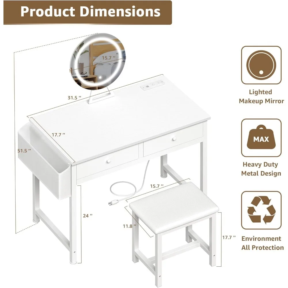 Makeup Vanity with Mirror and Lighting - Small White Vanity Table with Fabric Drawers and Chair Power Sockets Bedroom Furniture