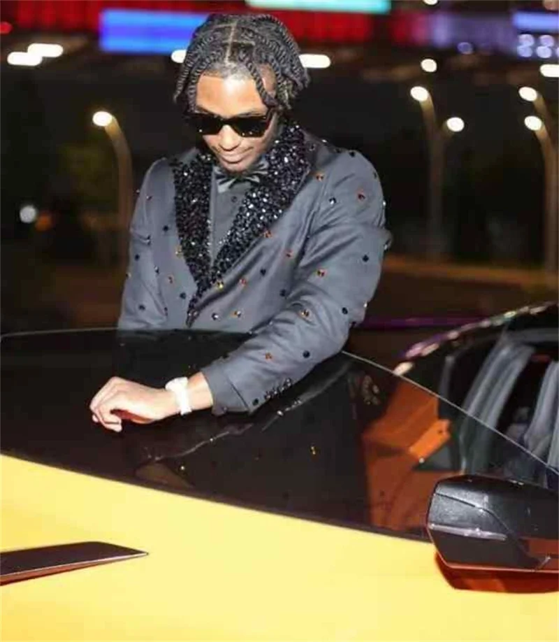 럭셔리 크리스탈 남성 정장 세트 2피스 블레이저+바지 블랙 가을 웨딩 턱시도 포멀 오피스 재킷 프롬 코트 맞춤 제작