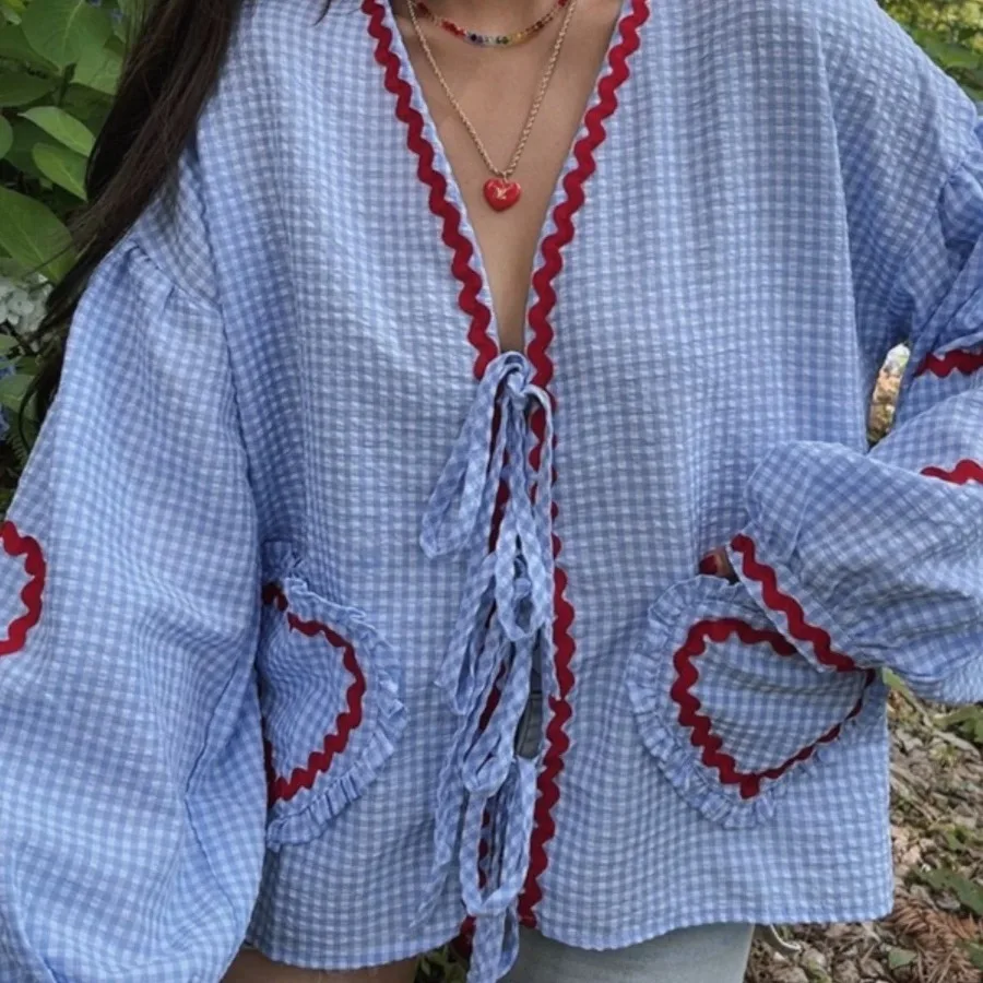 

Y2k Grid Shirt Plus Size Strap Love Pocket Grid Lantern Sleeve Vacation Shirt Woman Tops Long Sleeves Design Shirt Tops Mujer