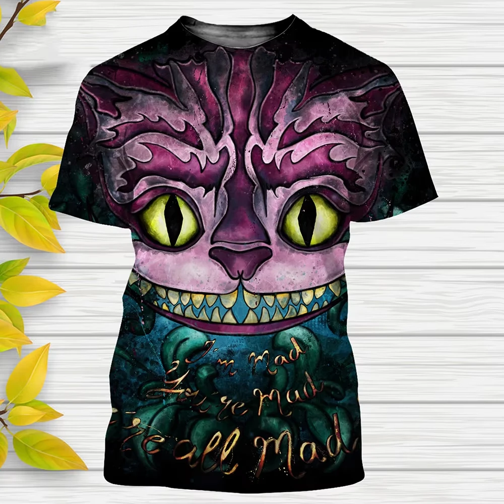 MINISO New Women T-Shirts Alice in Wonderland Cartoon Anime Cheshire Cat 3D Print Streetwear Kids Adults Fashion T Shirt Tops