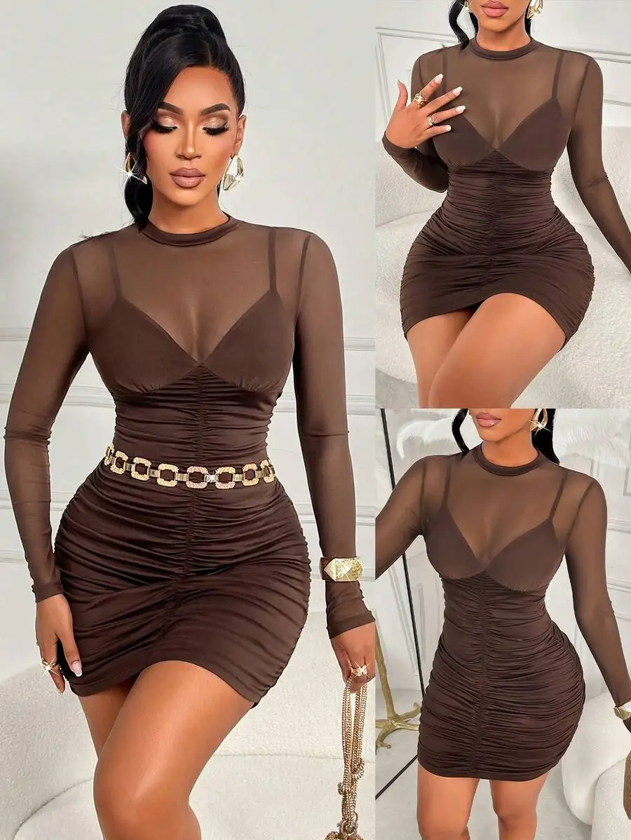 

Женское мини-платье из прозрачной сетки с длинными рукавами, драпировкой на талии и поясом