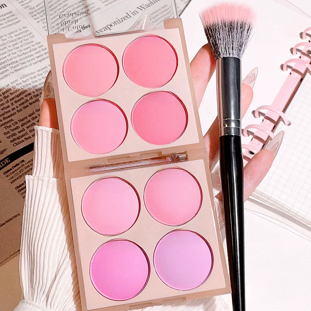 4-color matte blush, peach pink, coral blush powder, Korean low saturation soft fog blush, can lighten, create three-dimensional