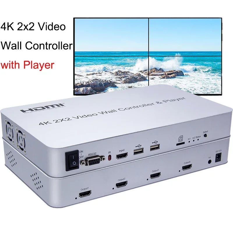 4K 2X2 Video Wall Controller 4 TV Splicer HDMI Multi Screen Splicing Processor Suport USB U Flash Disk Player KVM Mouse Keyboard