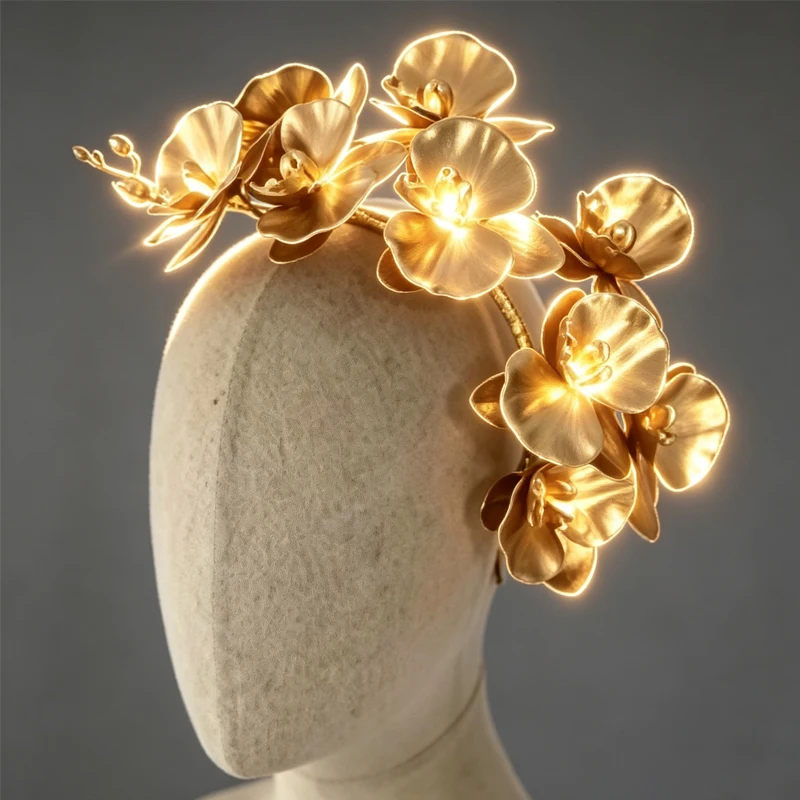 LED Glowing Gold Orchid Floral Crown Headband, Warm Light Flower Hair Hoop with 3 Modes, Side Vine Branch Headpiece for Party