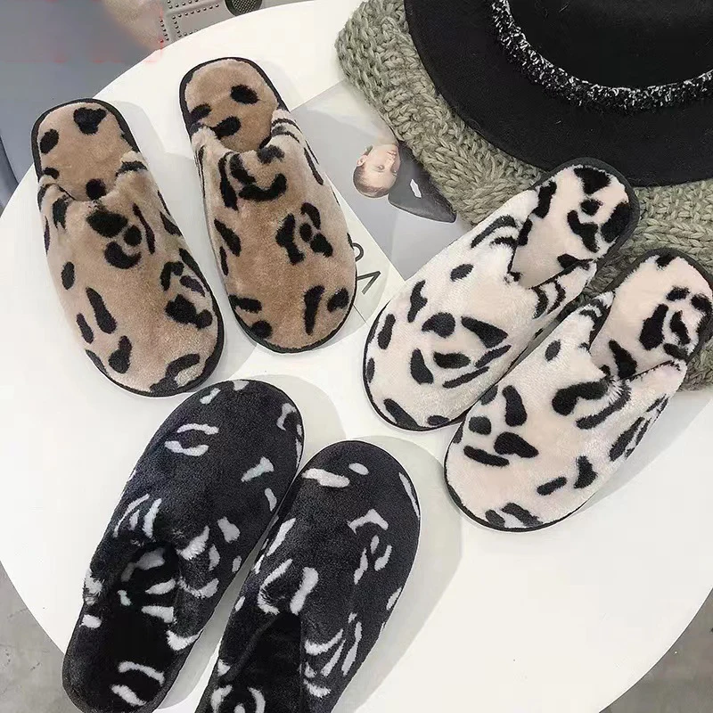 Cotton Cloth Round Toe Shoes Women's One-step Lazy Home Shoes Warm Flat Fur Cotton Shoes Leopard Print Slippers