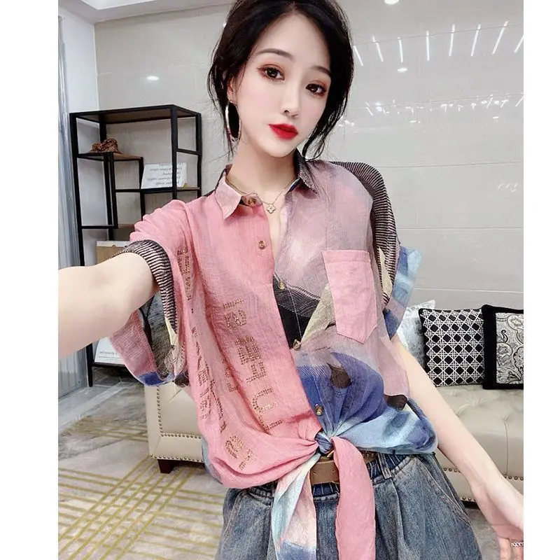 2024 New Summer Loose Printing T-Shirt Patchwork Letter Blouse Women Clothing Short Sleeve Fashion All-match Top Tee Ladies Thin