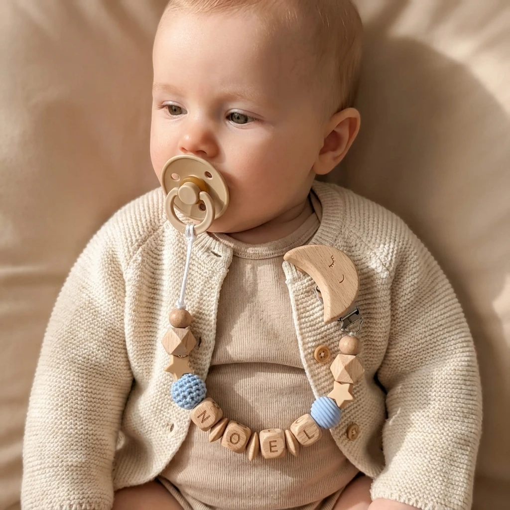 Personalized Pacifier Clip Custom Name Wooden Letter Beads Moon Star Soother Holder Dummy Clip Pacifier Chain Newborn Baby Gift