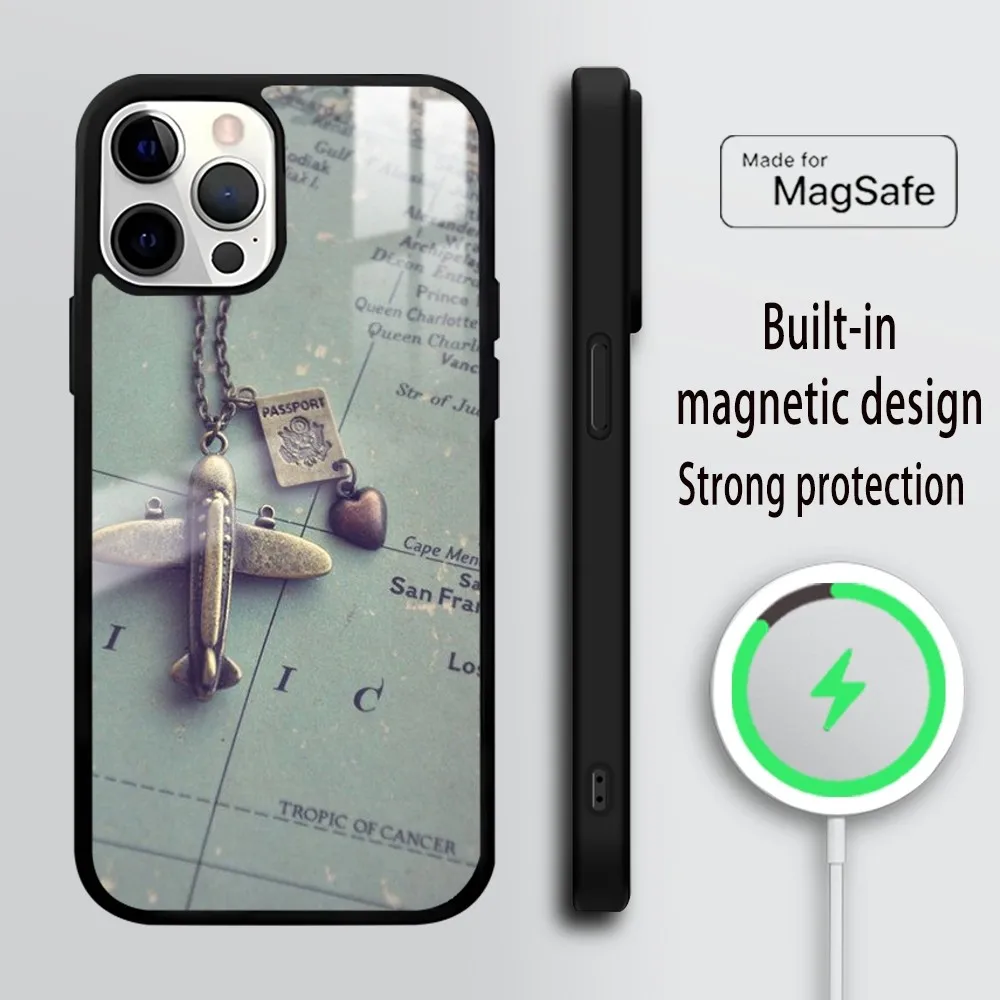 World Map Travel Phone Case For iPhone 16 15 14 13 12 11 PRO MAX PLUS Mini Magnetic wireless mirror phone case