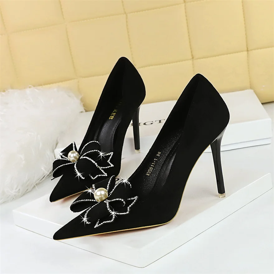 

BIGTREE Fashion Crystal Pearl Bowknot Women Pumps Large Size 34-43 Sexy Pointed Toe Black Flock Thin High Heels Party Prom Shoes