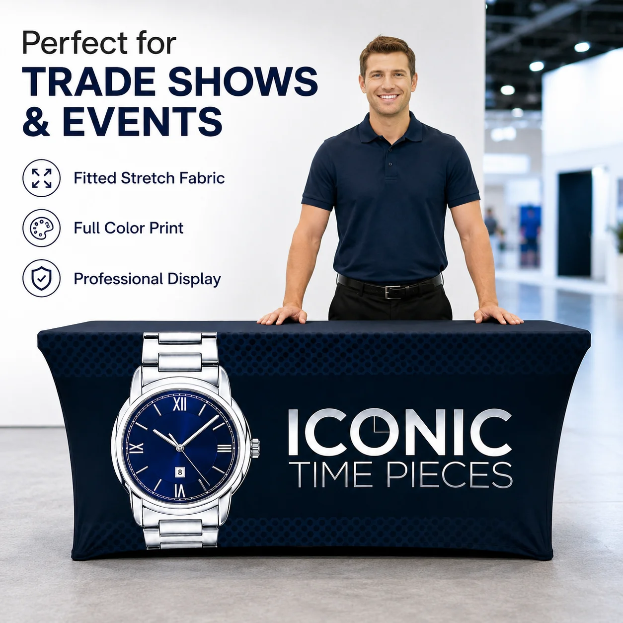 Custom Logo Stretch Tablecloth 4FT 6FT 8FT Personalized Spandex Table Cover for Trade Show Booth Vendor Display