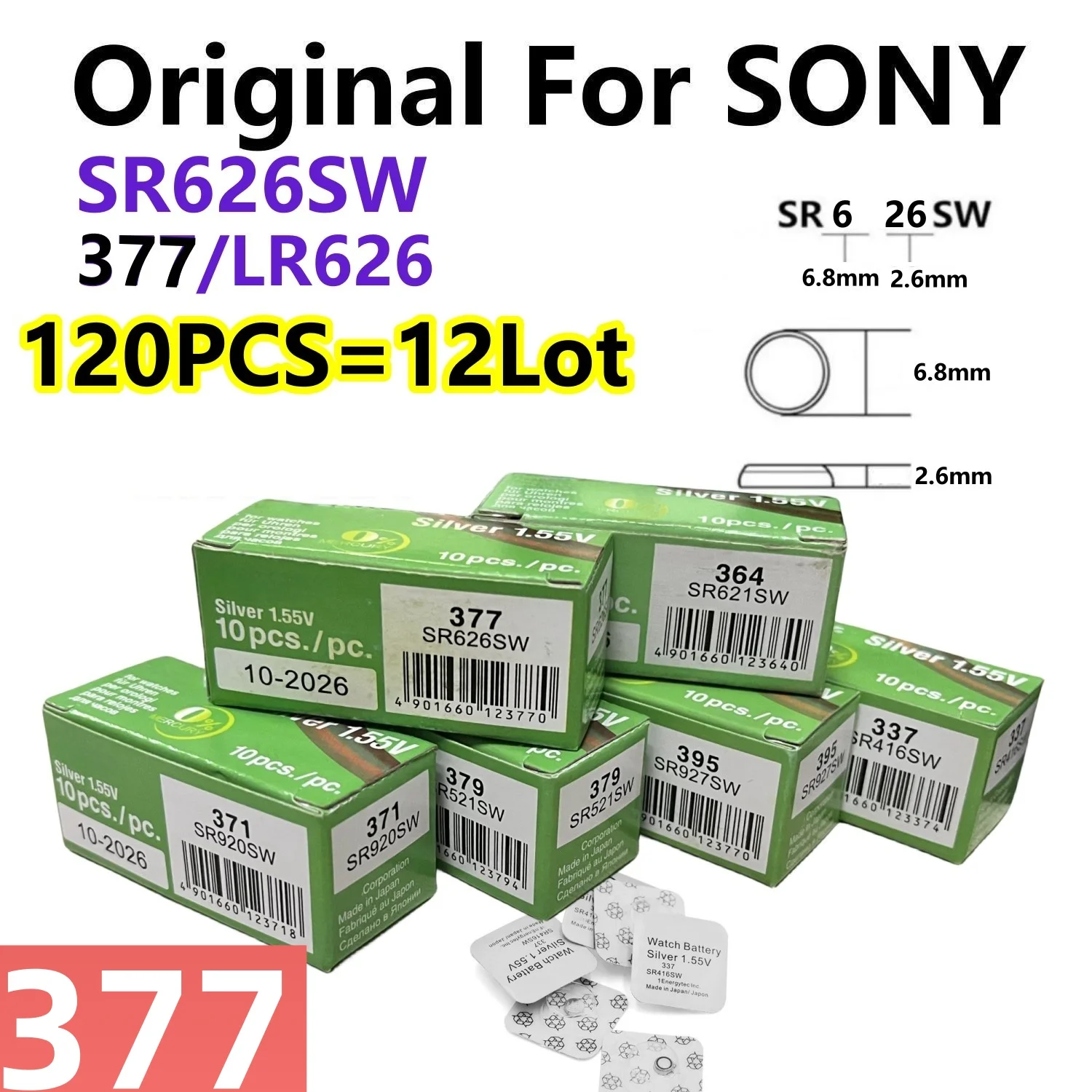 

Оригинальные батарейки для SONY SR626SW LR626 AG4 LR66 377 377A 1,55 в, щелочные батарейки, часы, игрушки, автомобиль, пульт дистанционного управления, монетница, 120 шт.