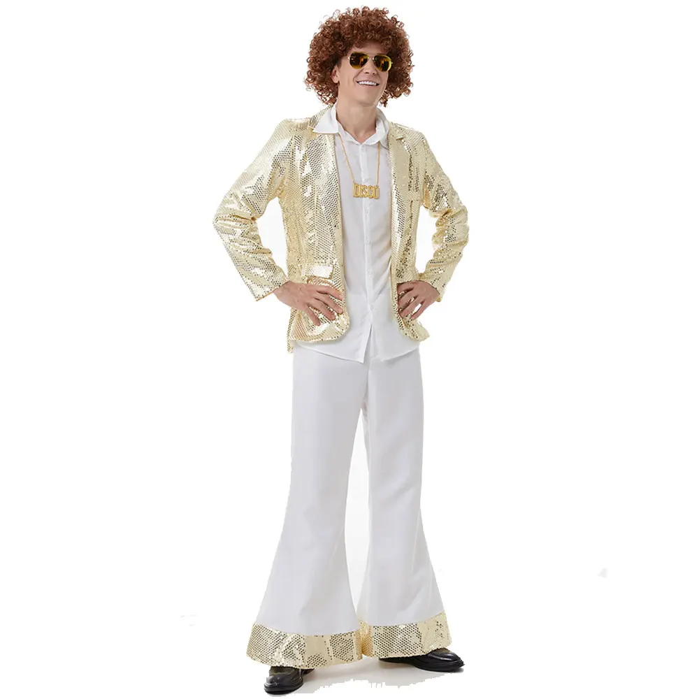 Halloween Costumes for Men 1970s 80's Hippies Cosplay Costume Music Festival Party Vintage Disco Stage Performance Outfits Set