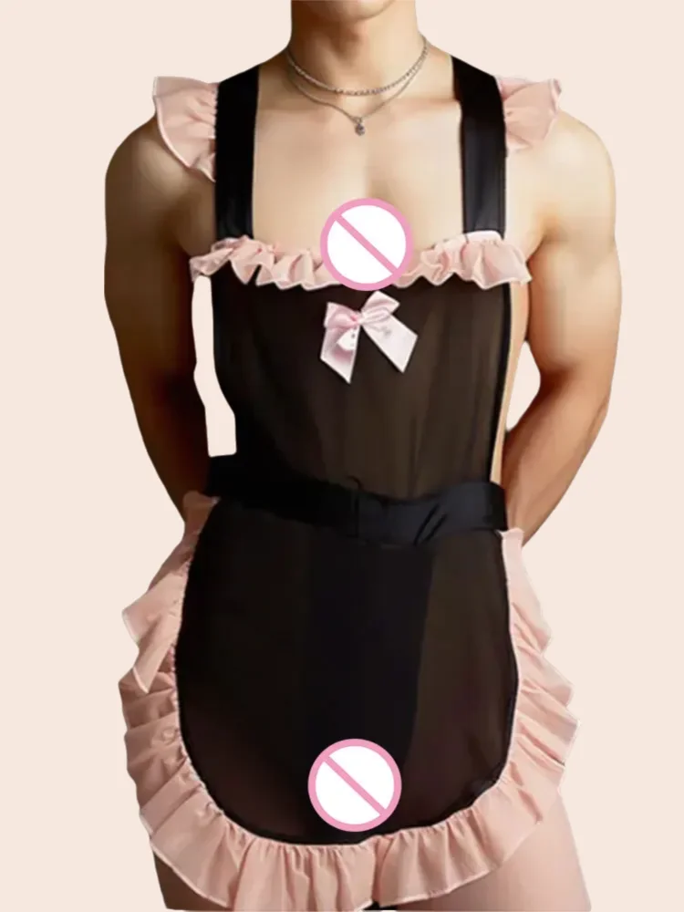 

Male sexy porno lingerie bow crotchless Apron Servant role-playing costumes Uniform Neck Ring Accessories Erotic costume adult