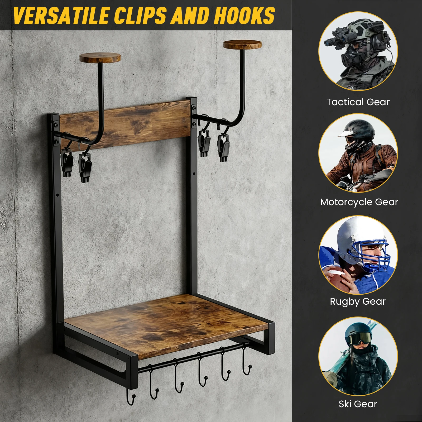 

Wooden Helmet Organizer Rack with Hooks Helmet Hanger Wall Mounted Gear Storage Rack for Motorcycle Accesories Storage