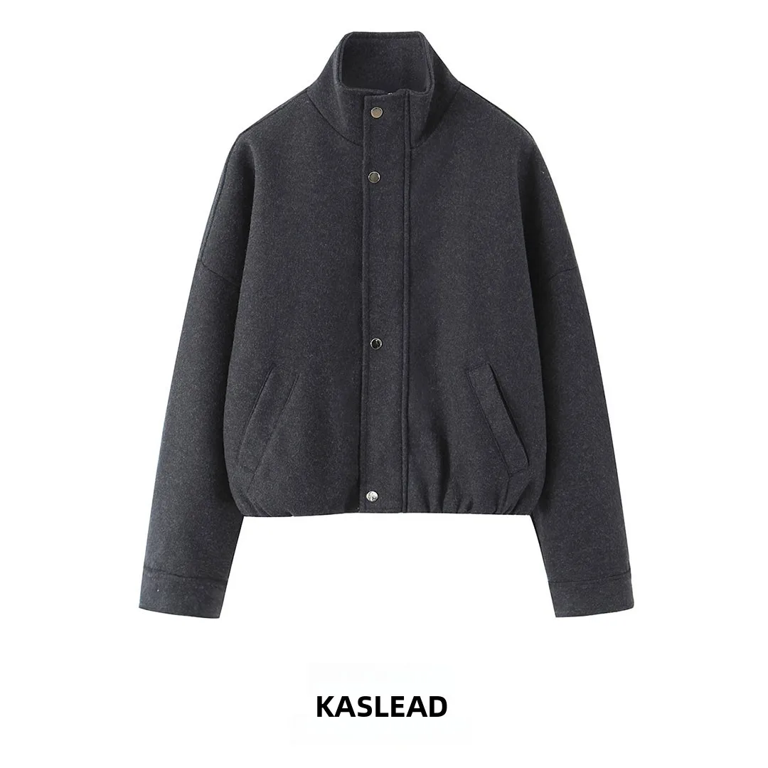 KASLEAD New Women's Fashion High-End Feel Stand Collar Flight Jacket Top Long Sleeve Polyester Fiber Button Closure Autumn 2026