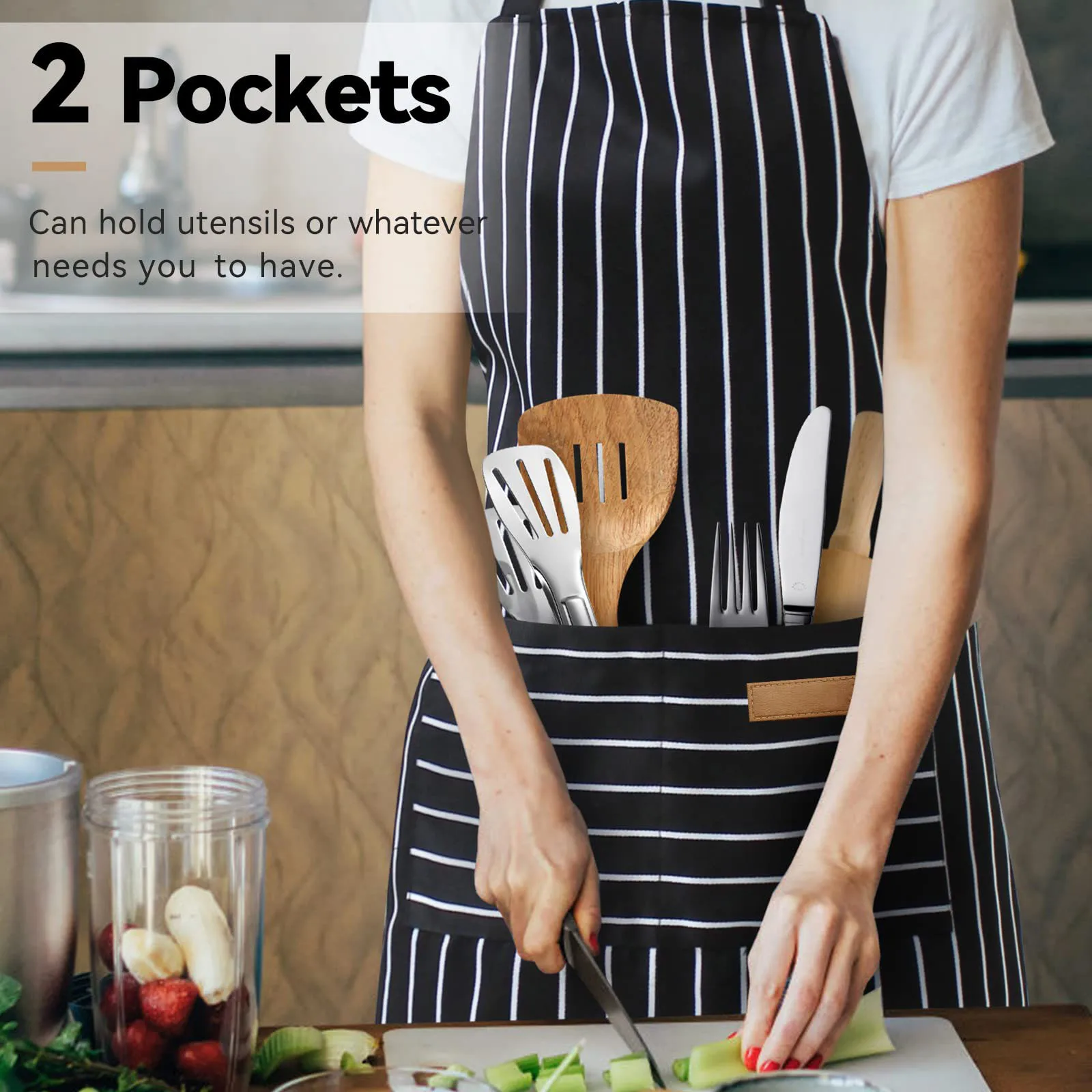 Kitchen Cooking Aprons with Stripes for Men and Women, Adjustable Bib, Soft Chef Apron with 2 Pockets