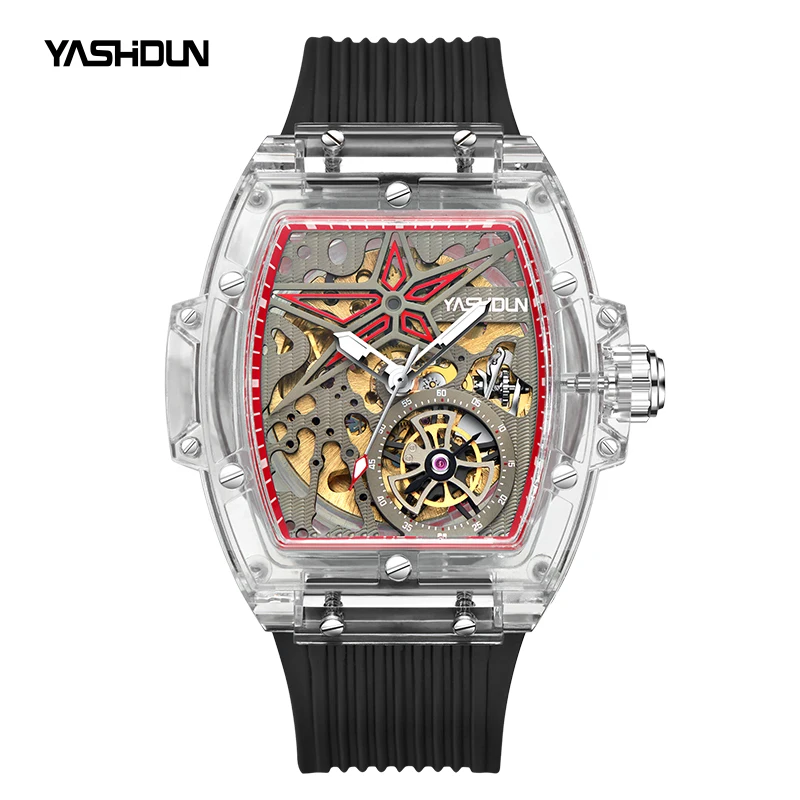 

Automatic Mechanical Watch for Man Hollows Skeleton Tourbillon Transparent Mechanical Men's Watch Barrel Shaped relógio poedagar