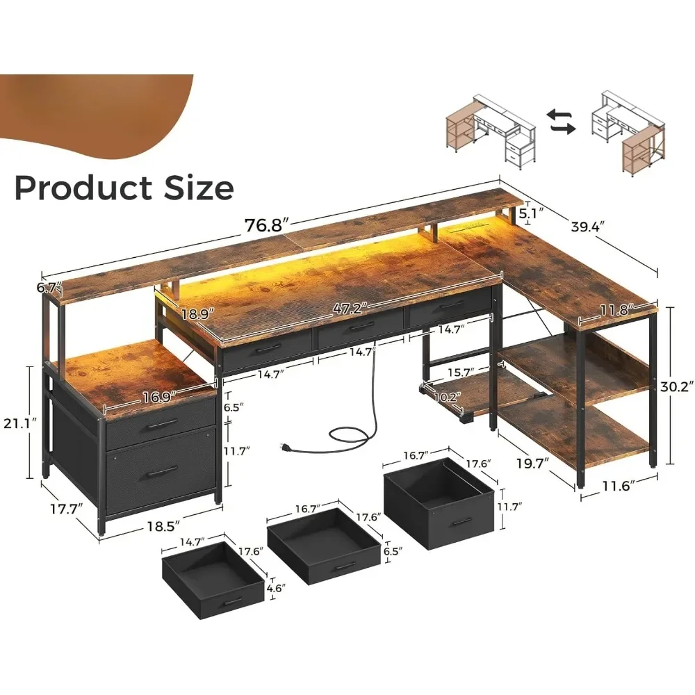 L Shaped Desk with 5 File Drawers, 75" Reversible L Shaped Computer Desk with Power Outlet & LED Strip, Office Desk