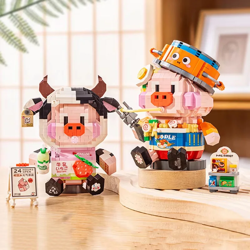 Schattige Dieren Varken Micro Deeltjes Bouwstenen Creatieve Gemonteerd Kinderen Educatief Home Decor Mini MOC Bricks Speelgoed Vakantie Geschenken