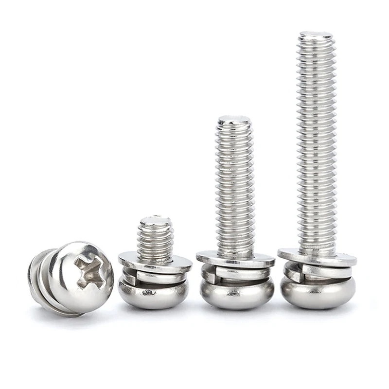 3 In 1 Combined Fasteners M3 304 Stainless Steel Cross Head Screws Flat Spring Washer Integrated Hardware Screws