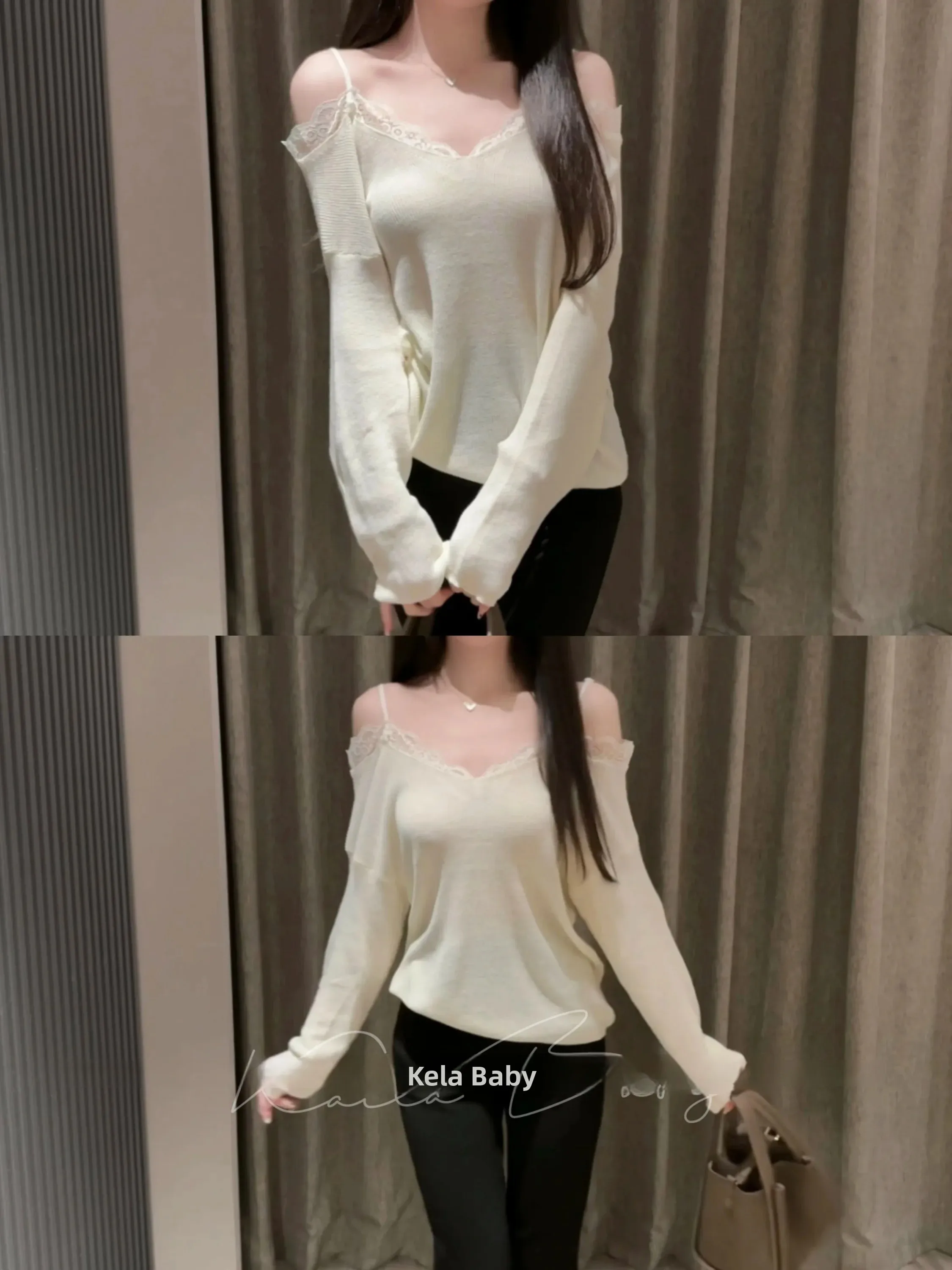 Lace Off-Shoulder V-Neck Knitwear Slimming Design Casual Style Long Sleeve T-Shirt for Women New Autumn Collection