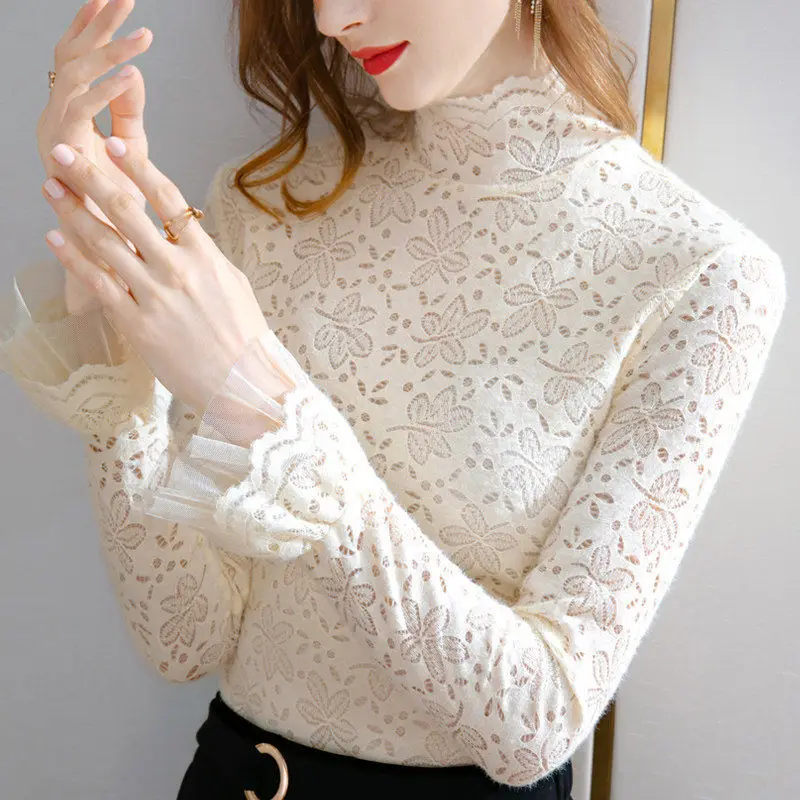 

Temperament Flare Sleeve Base Shirt for Women with Half Turtleneck Lace Shirt for Ruffled Top TT101