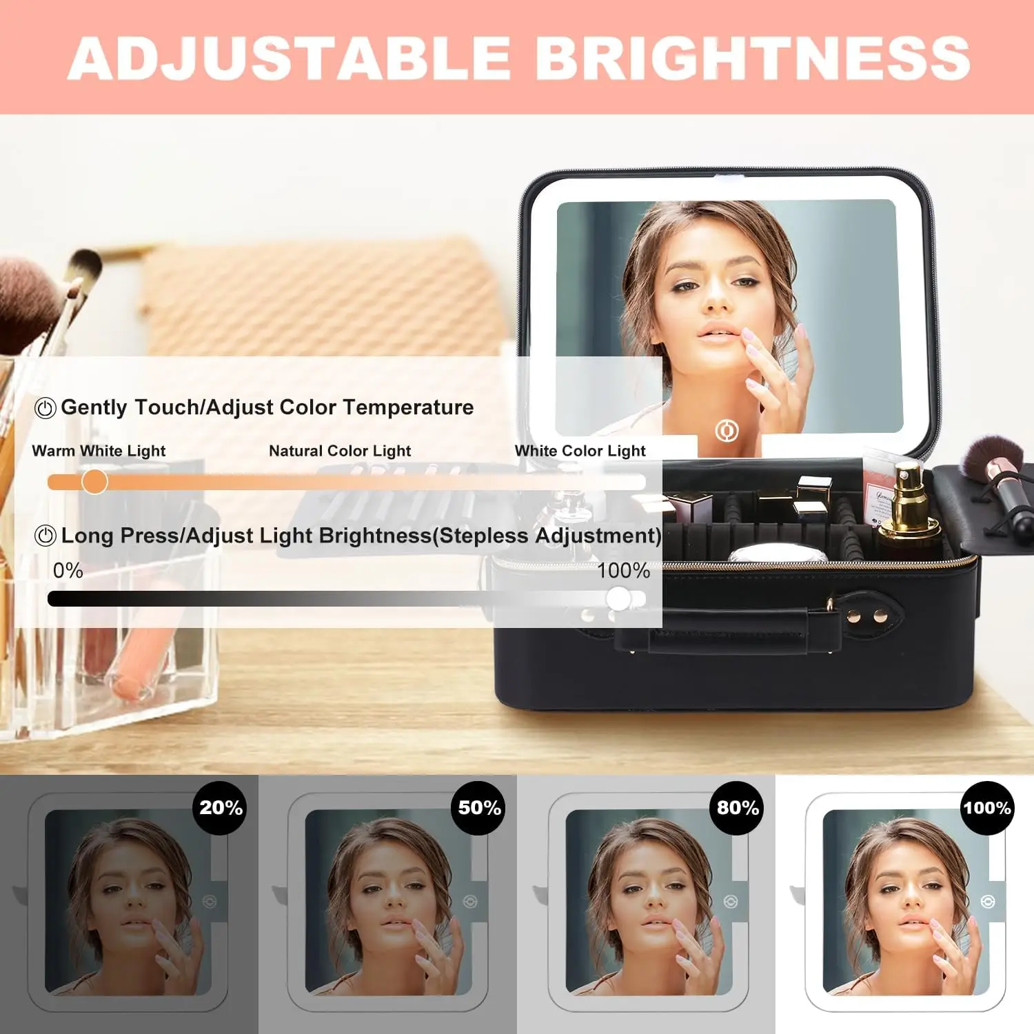 حقيبة مكياج للسفر بإضاءة LED مع مرآة مكبرة 10 مرات، وفواصل قابلة للتعديل وتخزين محمول (جلد أسود)