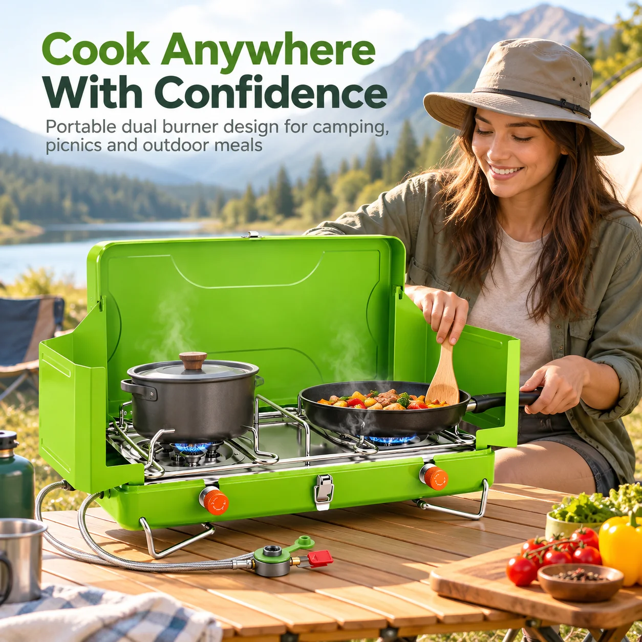 AOLIVIYA Portable Camping Stove Dual Burner 7000W Gas Cooker Foldable Outdoor Cooking Stove With Windshield Carry Bag BRS81