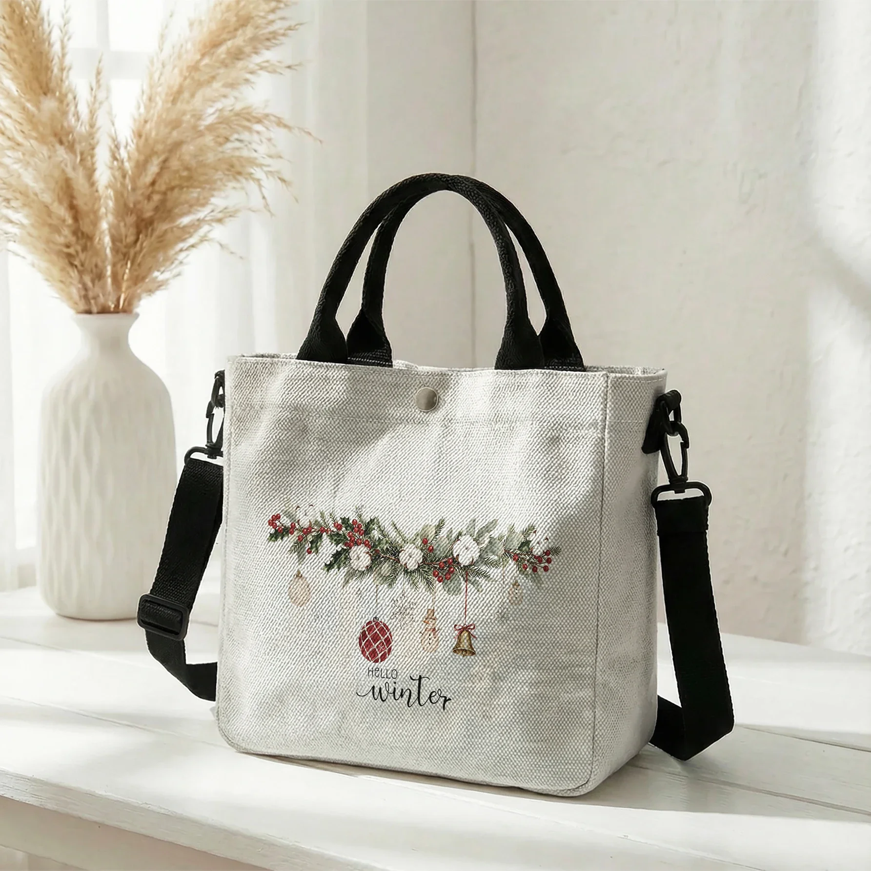 Hello Winter Christmas Garland Print Tote Bag, Detachable Strap Crossbody Handbag For Daily Work Shopping