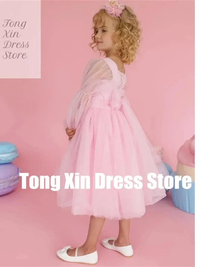 Sukienki dla dziewczynek na wesele, urodziny, bankiet, komunię, z różowego tiulu na zamówienie, z długim rękawem i kokardą na pasku.