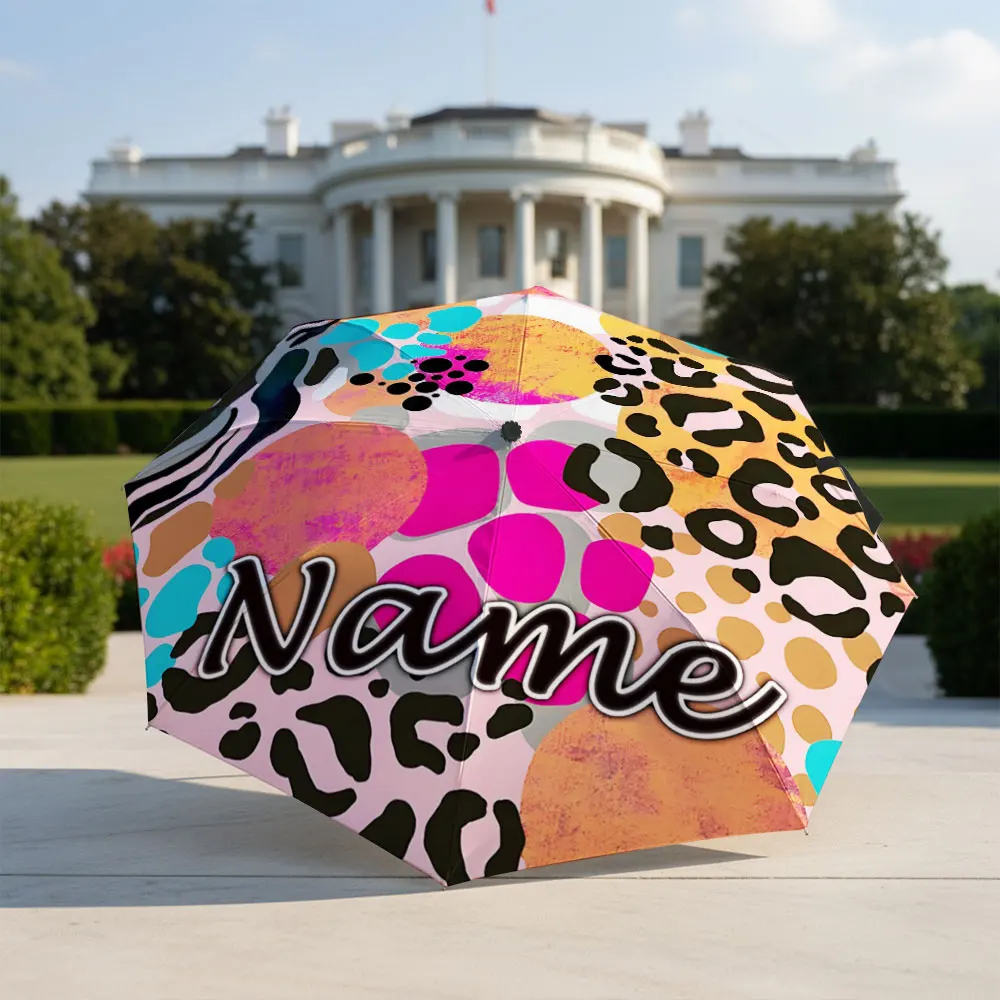 Custom Name Umbrella Colorful Abstract Mixed Animal Print Leopard Zebra Cow Print Folding Umbrella For Women Trendy Pattern Fan