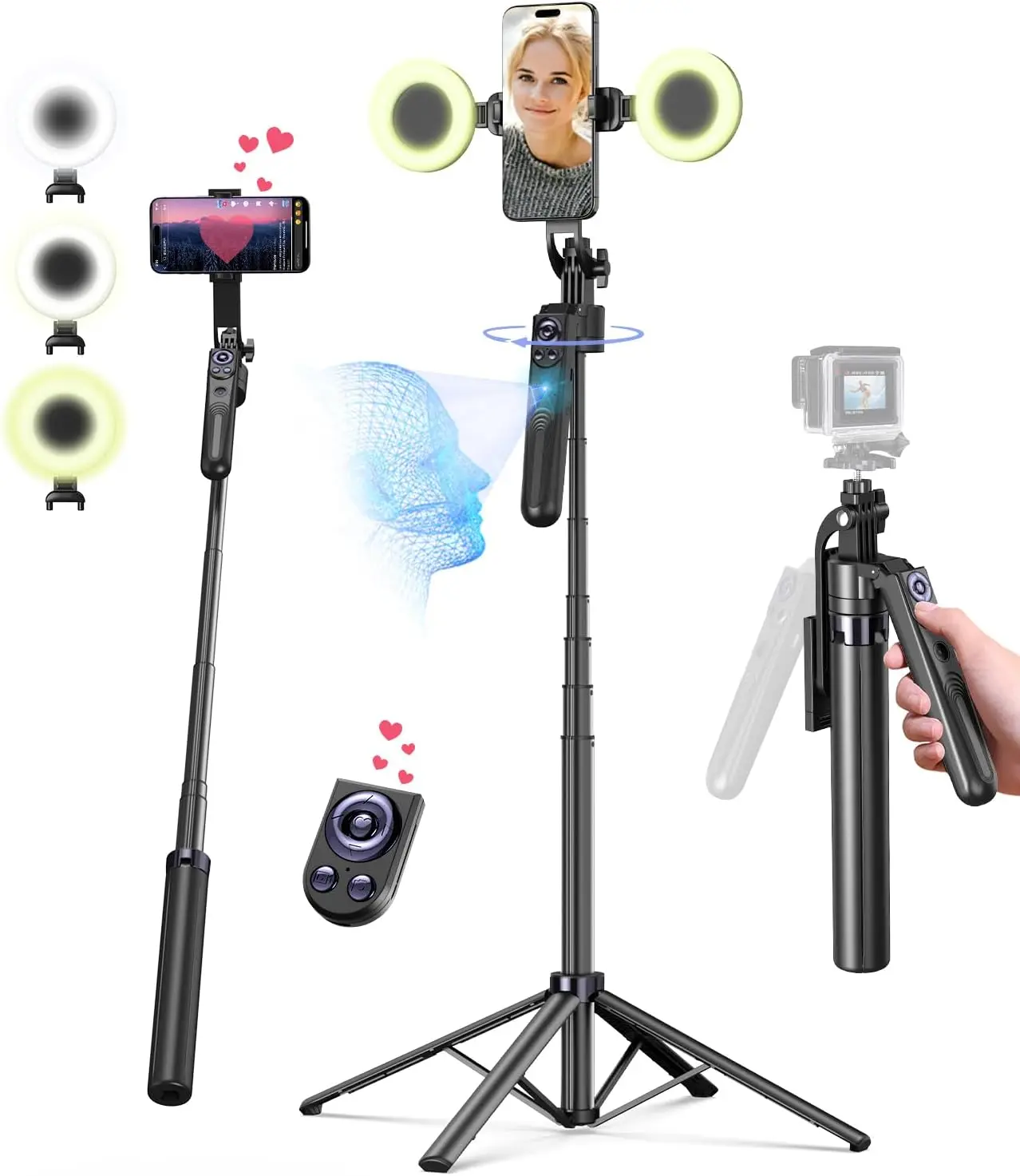 

71" Auto Face Tracking Tripod with Light, 360° Rotating Phone Stand, Rechargeable Remote for TikTok Video Recording