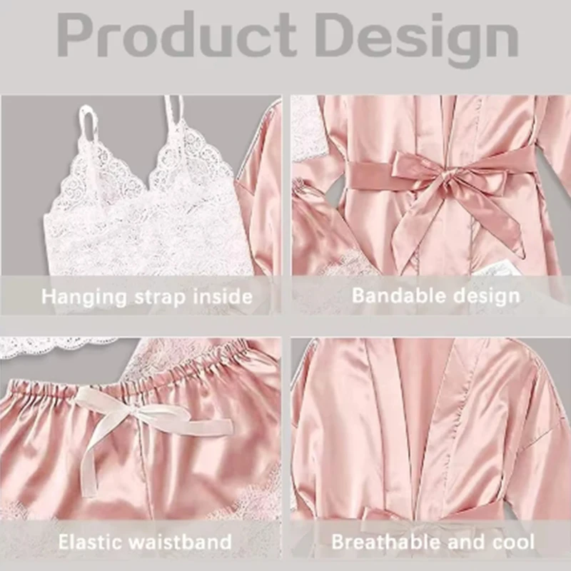 Women's Summer Sexy Pajama Pants Set 4 Pieces Lace Satin With Silk Sleepwear Robe Fashion And Comfortable Nightwear - Image 2