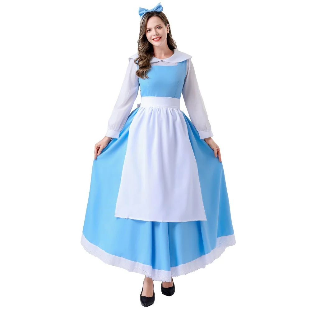 

Alice Manor Maid Costumes Women Blue and White Manor Girl Role Play Dress Set Fairy Top with Skirt Apron Tiara