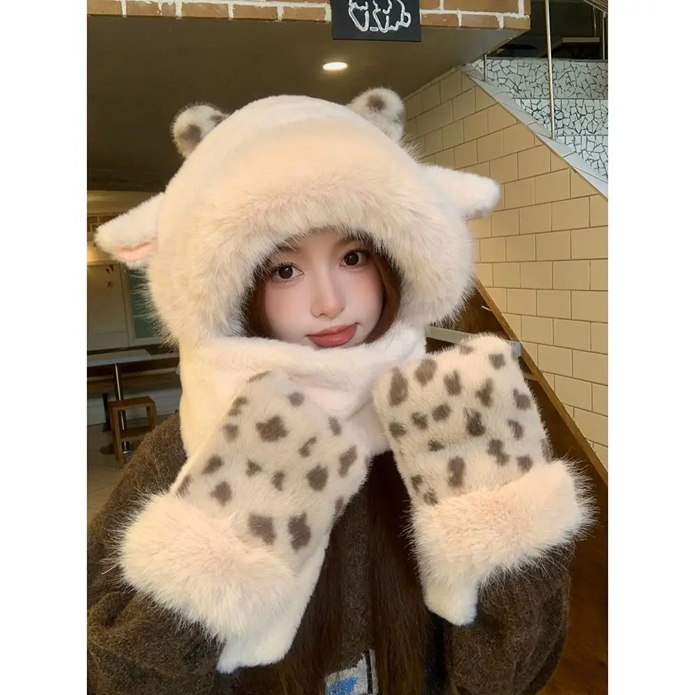 3 Piece Set Leopard Print Lamb Fur Hat Set 54cm To 59cm Head Circumference Polyester Faux Mink Fur Winter Hat Set Cold Proof