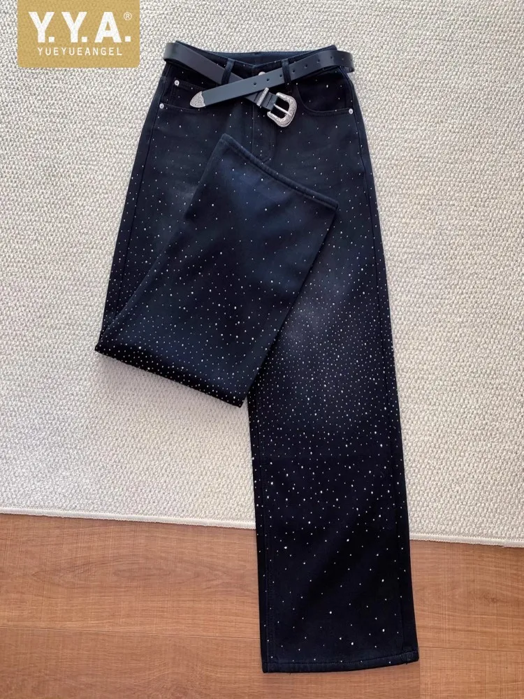 

New Women Autumn Winter Daily Fleece High Waist Diamonds Loose Fit Casual Versatile Female Straight Denim Pants Streetwear Jeans