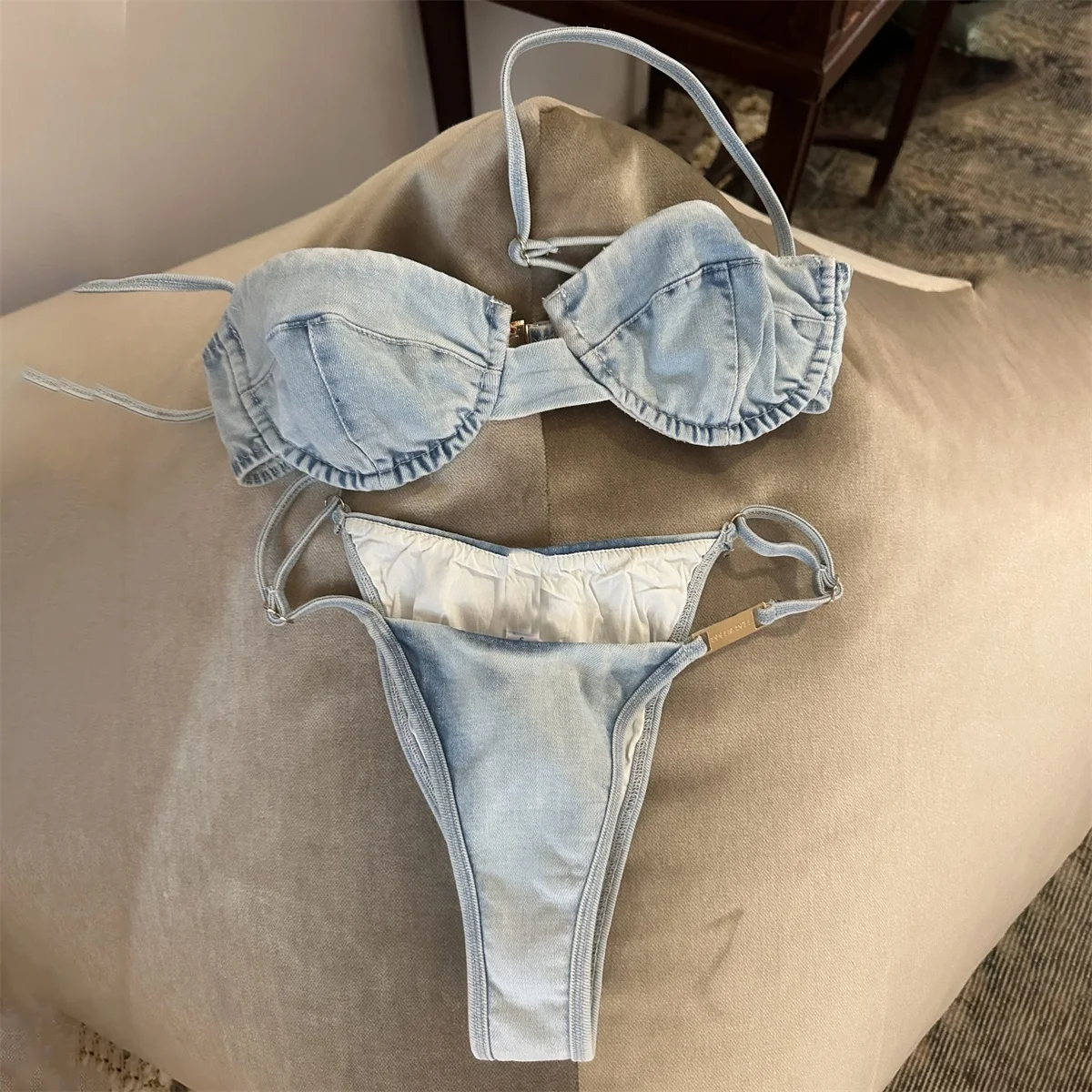 2026 Denim Print Bikini Women Sexy Swimsuit White Lace Swimwear Bandeau Biquini Female Micro Bikini Hollow Bathingsuit Beachwear