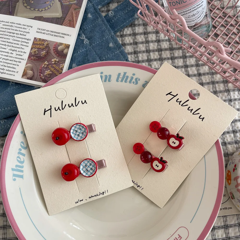 

2 шт., заколка для волос с изображением яблока, милая заколка для волос на пуговицах, заколки для волос для милых девочек, боковая заколка с челкой, детские головные уборы, детские аксессуары для волос