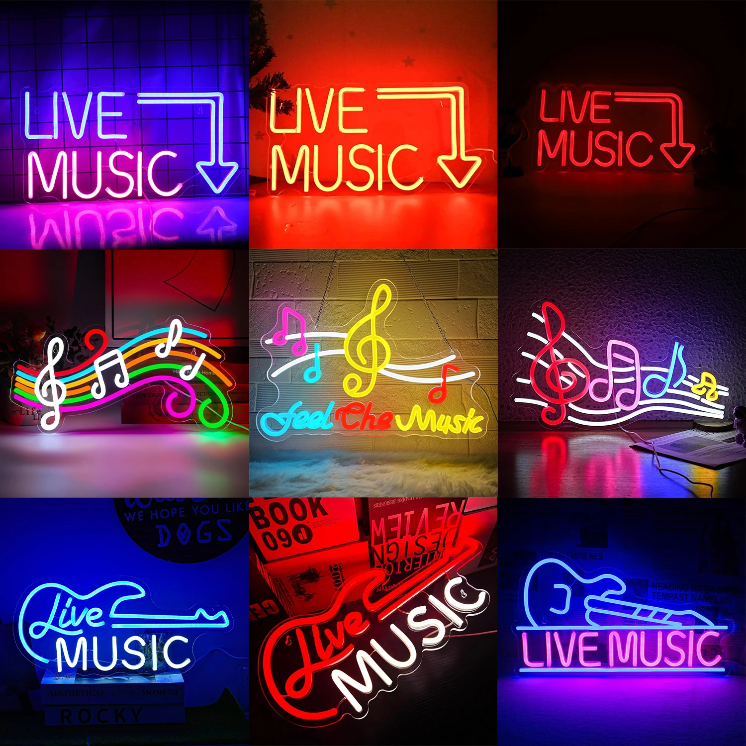 ライブミュージックネオンサイン-壁装飾用-usb電源-ledライト-ビールバー、音楽スタジオ、寝室、パーティー、クラブ、部屋用-青とピンクの文字