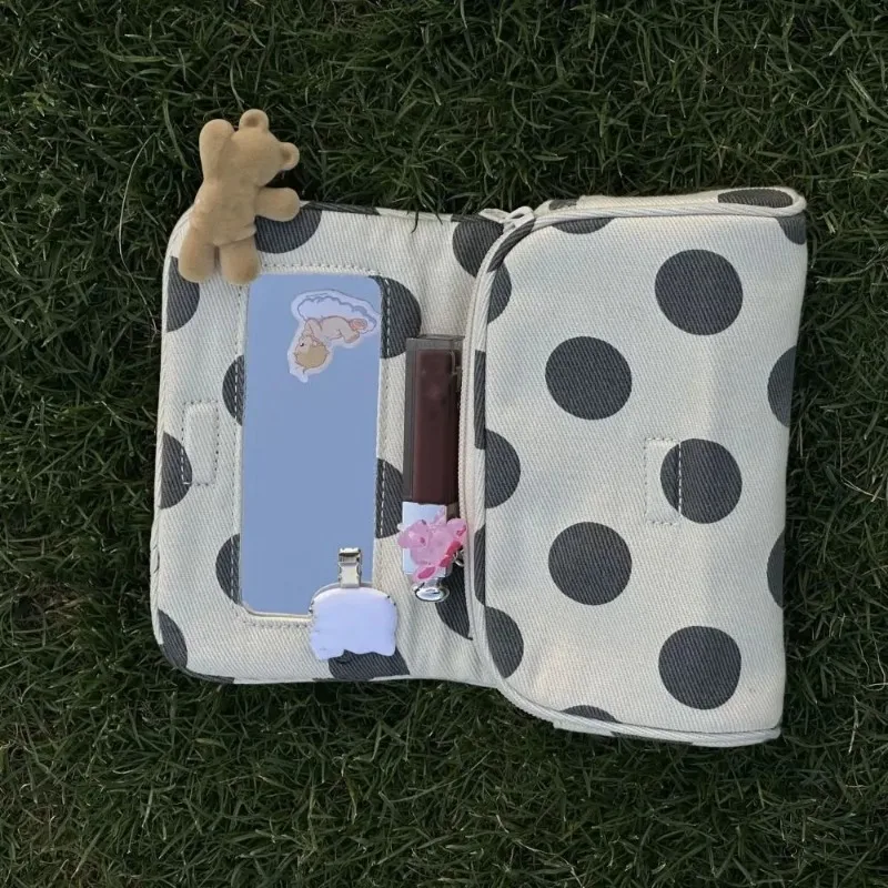 Portable Canvas Polka Dot Cosmetic Bag Stripe Large Capacity Small Item Bag Multifunctional with Makeup Mirror