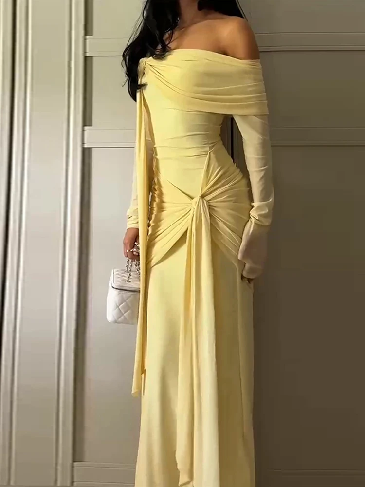 Yellow Crepe Evening Dress Off The Shoulder Mermaid Formal Occasion Pleat Prom Party Gowns Customized Female Robe 2025