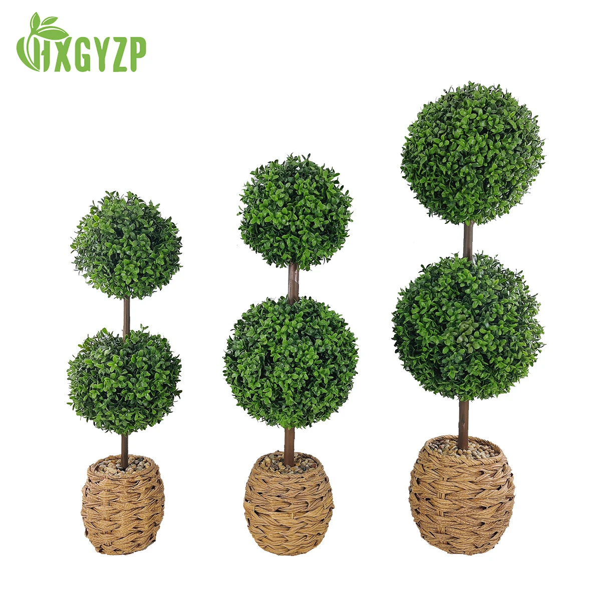 25/28/33 Inch Artificial Boxwood Ball Tree With Stone And Woven Basket Home Decoration Faux Double Ball Style Plants Potted