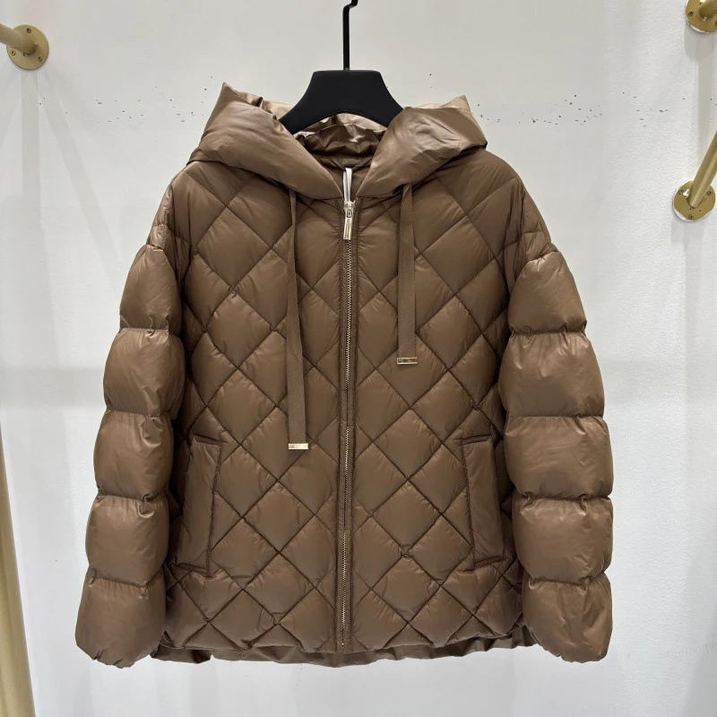 Schinteon Women's White Duck down Jacket with Hood Casual Loose Argyle Warm Autumn Winter High Quality Outwear 2025 New Coat