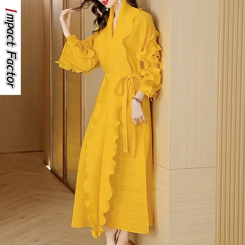 New Women's Wear Three House Ruffled Long Sleeve Ruffles High Elastic Boutique Dress for Women in Spring and Autumn