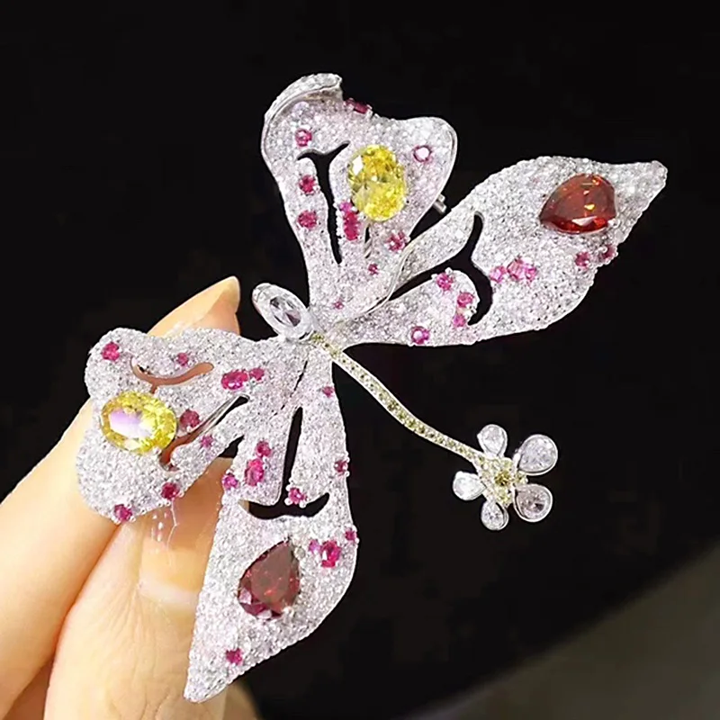 ZOCA Luxury Custom 925 Sterling Silver Zircon Set Butterfly Brooch Flower Design Women's Boutique Jewelry Gift Party Collection